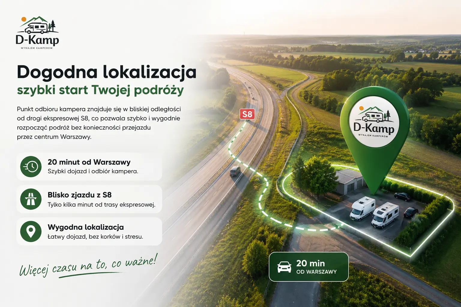 Dogodna lokalizacja odbioru kampera blisko trasy S8 i Warszawy